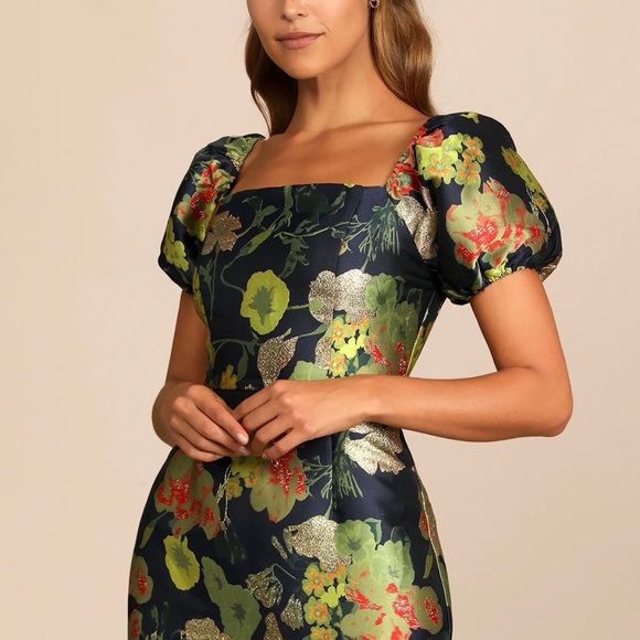 Lulus Dresses & Skirts - Lulus So Stunning Navy Blue Floral Jacquard Puff Sleeve Mini Dress